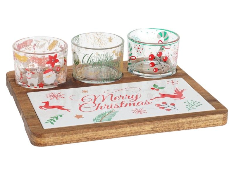 4-Piece Christmas Serving Set - Glass Bowls with Acacia &amp; Ceramic Tray