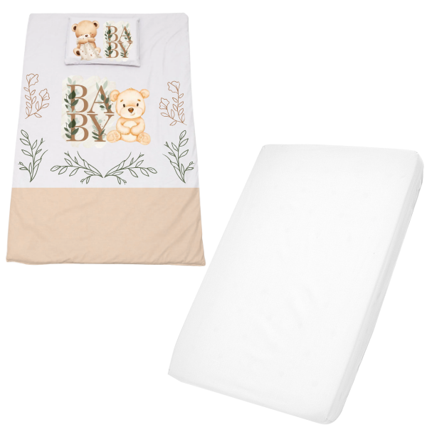 Cot Duvet Cover &amp; Waterproof Fitted Sheet 1040x720mm - Cot Teddy