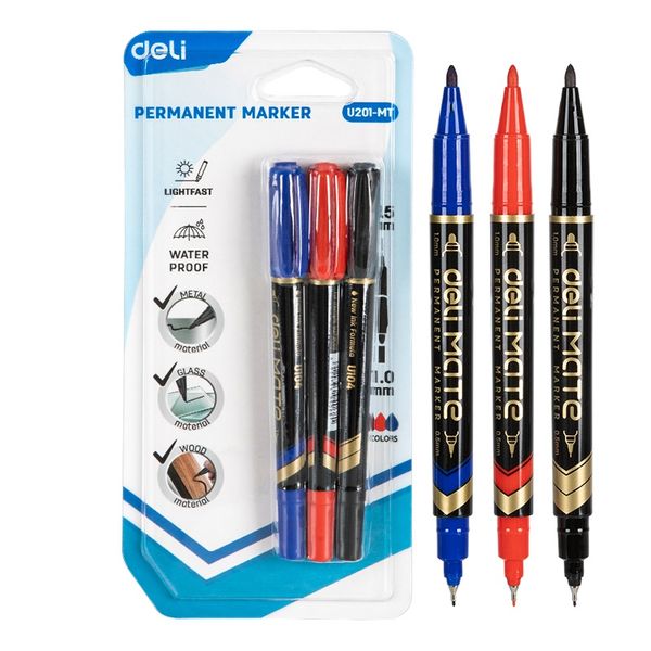 Deli Permanent Marker Dual Tip 0.5mm &amp; 1.0mm Red, Blue, Black 2 packs