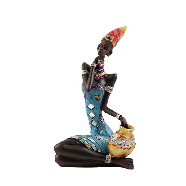 Hand-Painted African Seated Lady Sculpture, Resin Art Craft, Home Decor