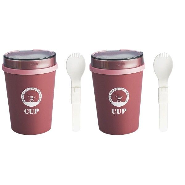 2 Pack 500ml Portable Soup Cup with Spoons - Red