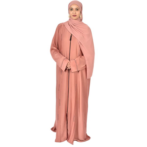 Soft Rose Pink Ladies Abaya with Linear Embroidery