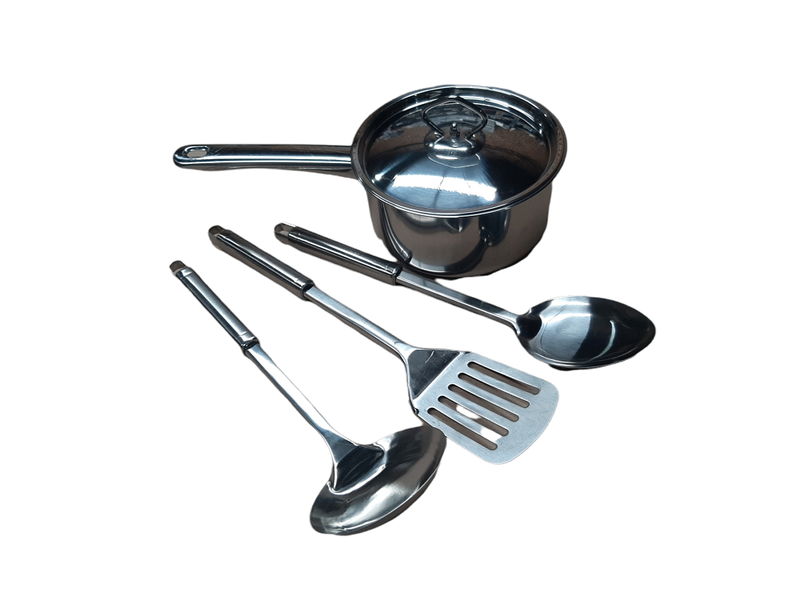 Saucepan Stainless Steel with Lid - 16cm &amp; OJEES Serving Spoon 3 Piece Set