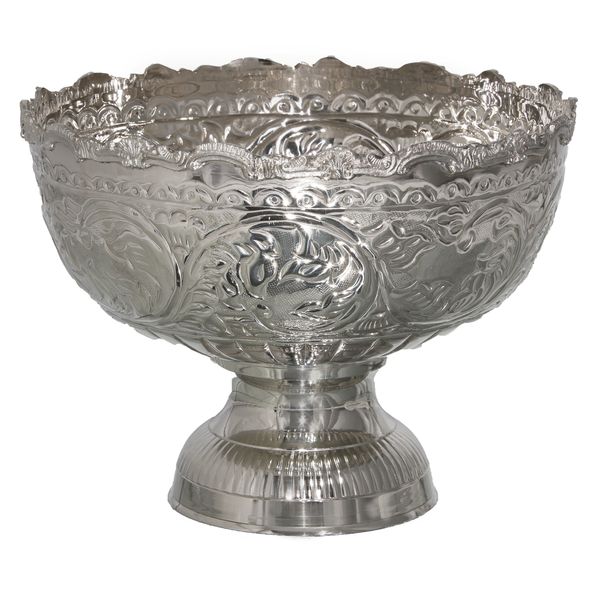 Round Embossed Wine Cooler with Scalloped Edge On Foot - Silver Plated