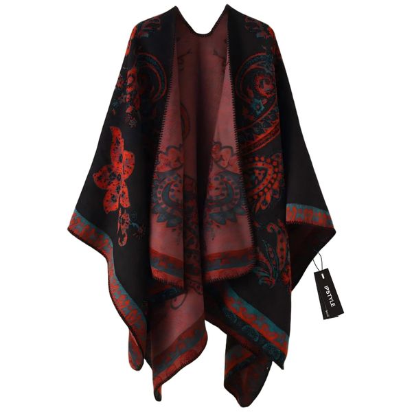 Geometric Lattice Flower Pattern Imitation Cashmere Warm Shawl Cloak Women