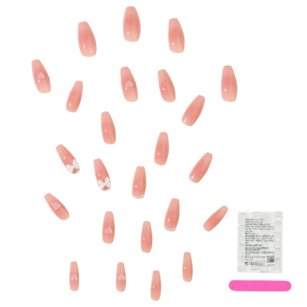24 Piece Reusable Long Coffin Press-On Nails Set - Peach &amp; White