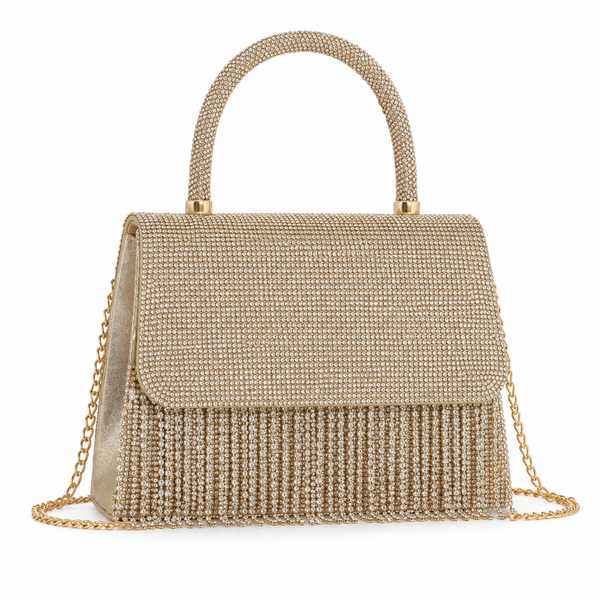 Rhinestone Fringe Evening Bag with Chain Strap - Gold Silver and Rose Gold