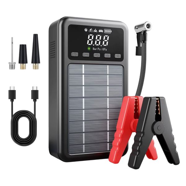 Portable Vehicle Jump Starter with Air Compressor, Solar Panel &amp; Powerbank