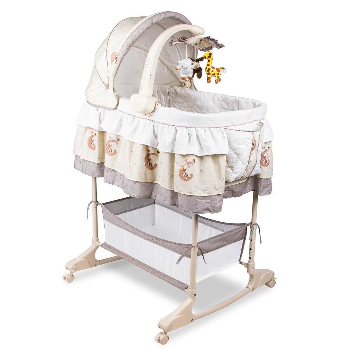 Baneen Baby Cradle Cot with Wheels, Basket and Canopy Beige