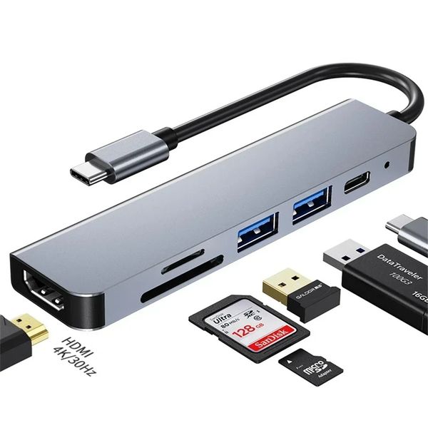 6-in-1 Multi-function Type-C Hub - 4K HDMI, 87W PD, Dual USB 3.0 &amp; SD/TF