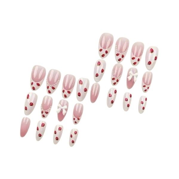 24 Strawberry French Tip Almond Press On Nails With Pearls &amp; Bows - White
