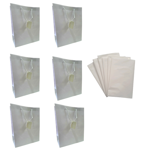 White Gift Bag &amp; Tissue Paper Set 6 Pack For Par image