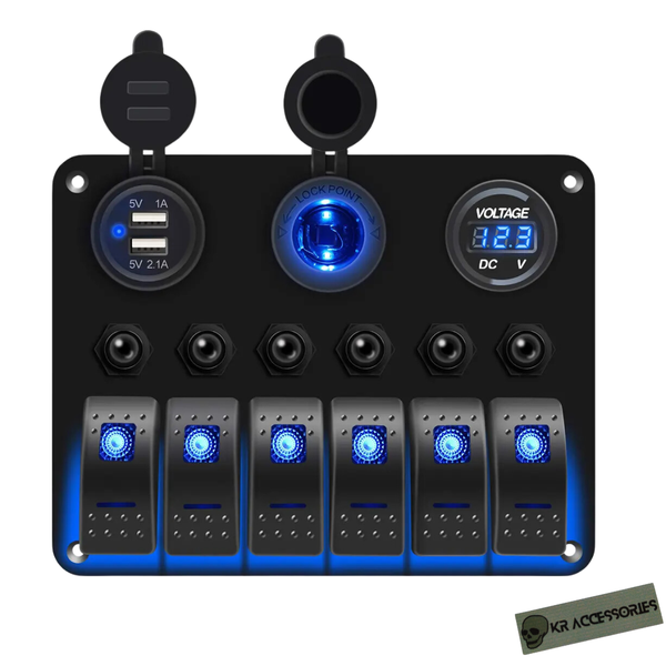 Auto 6-Gang Panel: On/Off Switches, Voltmeter, Dual USB &amp; Cig Socket