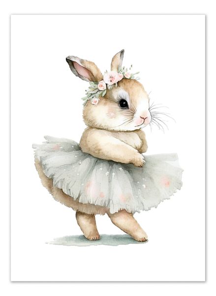Kids Wall Art: Watercolour Ballerina Bunny - A3 Unframed Poster