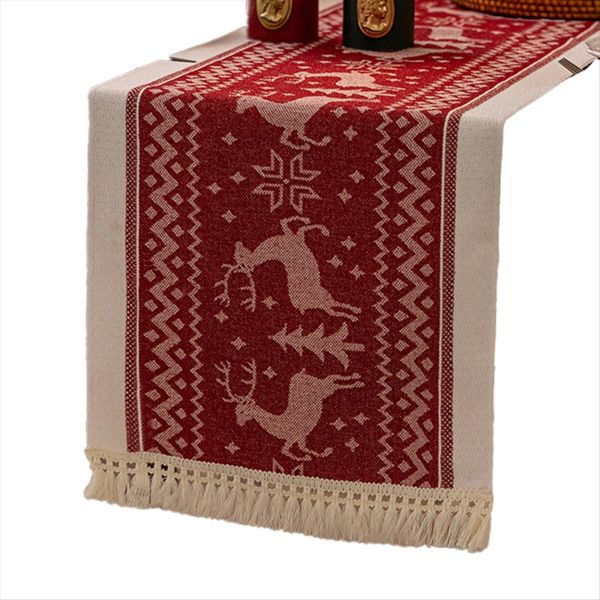 Red Christmas Table Runner Elegant Floral Jacquard Table Runner with Fringe