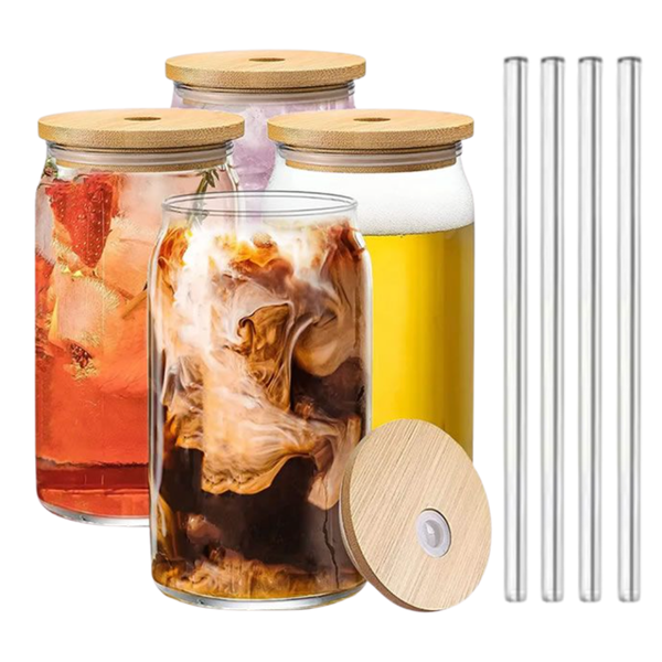 Can-Shaped Glasses with Bamboo Lids &amp; Straws - 4 Piece (480ml)