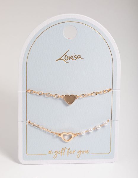 Gold Open Heart and Pearl Bracelet 2-Pack