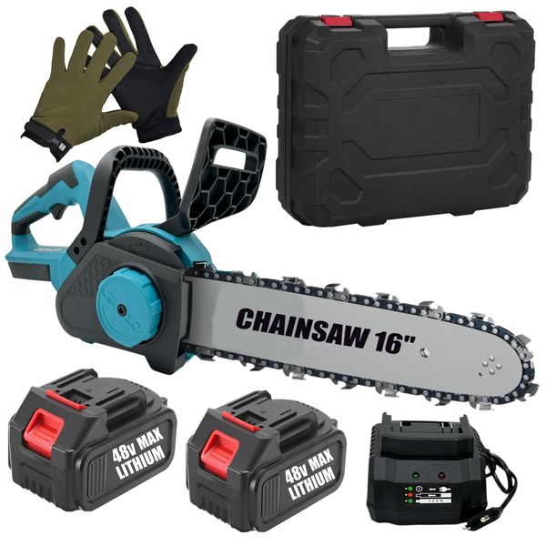 21V Cordless 16" Chain Saw With 2 Li-Ion Batteries, Charger, Case &amp; Gloves