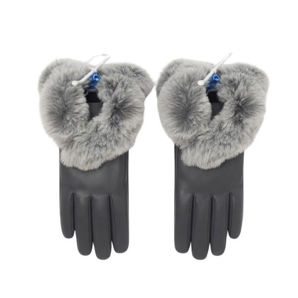 Women's Black Faux Leather Gloves with Grey Fur Cuffs