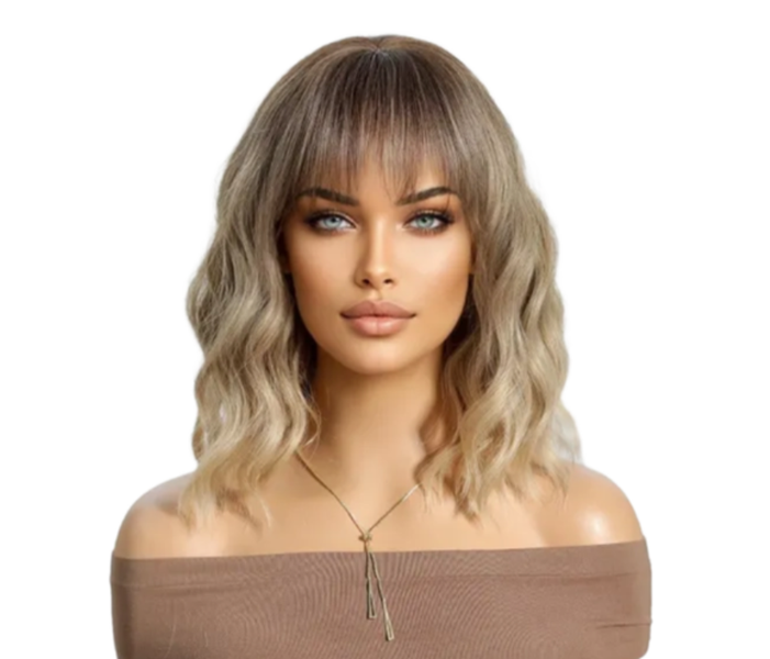 Women's Wig, Wavy Bob Style, Golden Gradient, Dark Roots, Heat-Resistant