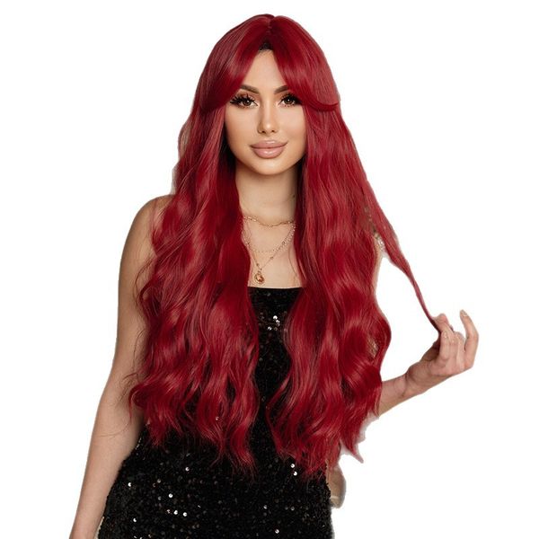 Wine Red Fluffy Curly Wig Women French Bangs