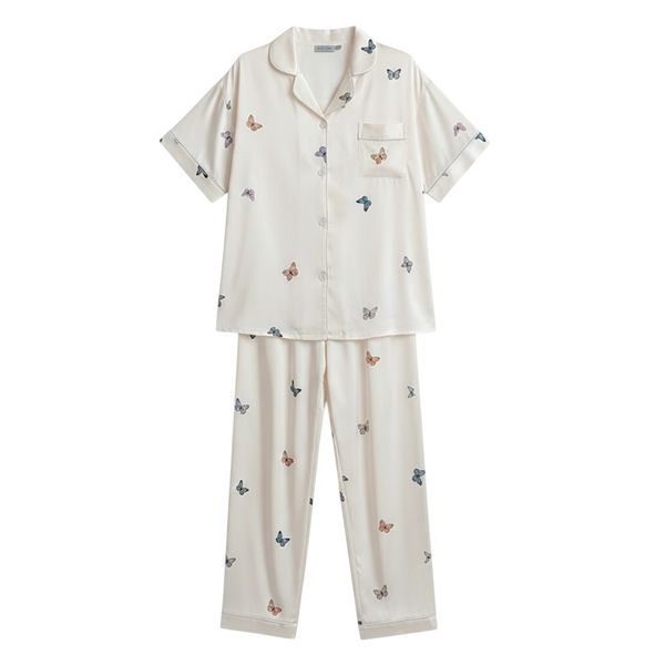 Butterfly Print Silky Short-Sleeve Button-Up Pajama Set - White