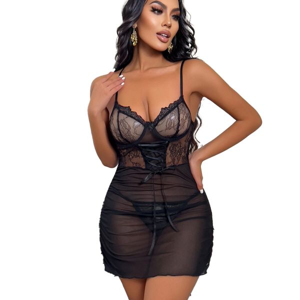 Lace Chemise Outfits, Floral Mesh Nightear V Neck Babydoll Chemise Lingerie