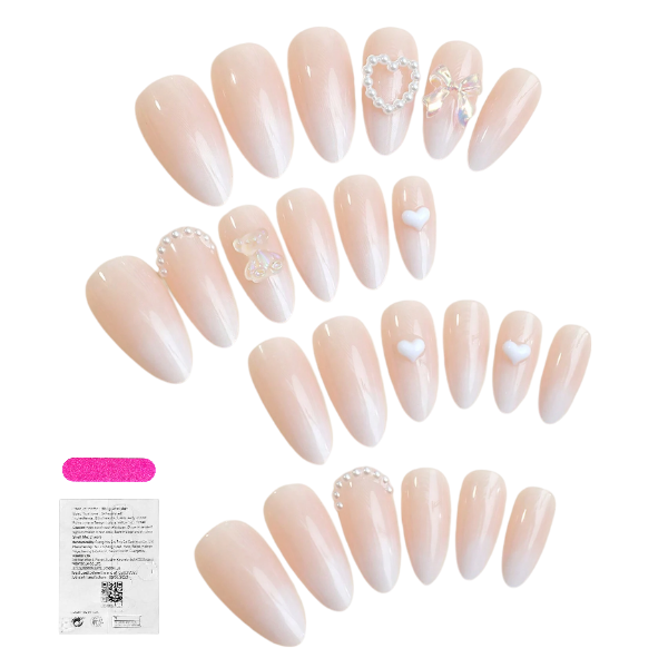 24 Pieces Elegant Pearl &amp; 3D Embellished Press-On Nail Set - White