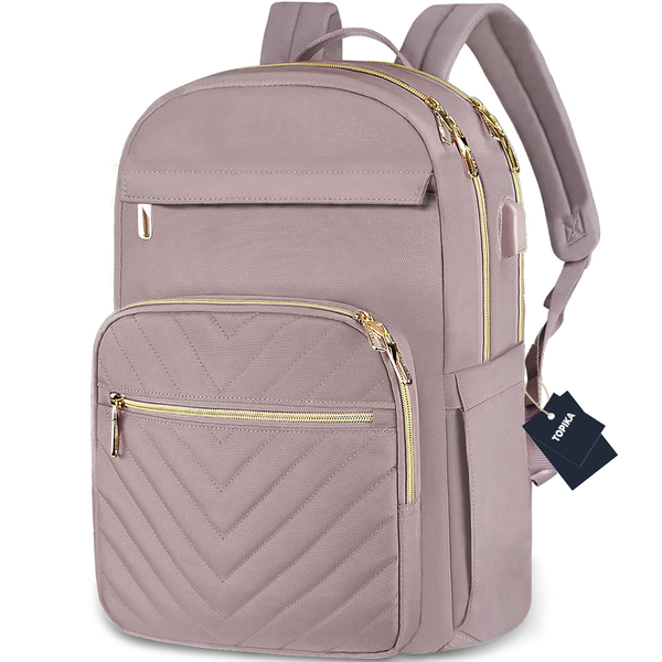 Topika - Ladies 15.6" Laptop Backpack , USB Port, Waterproof, Pink Oxford