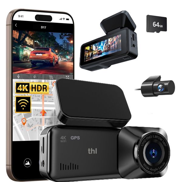 thl 4K 2 Channel Dash Cam, 64GB Card, Full Night Color, GPS, Parking Mode