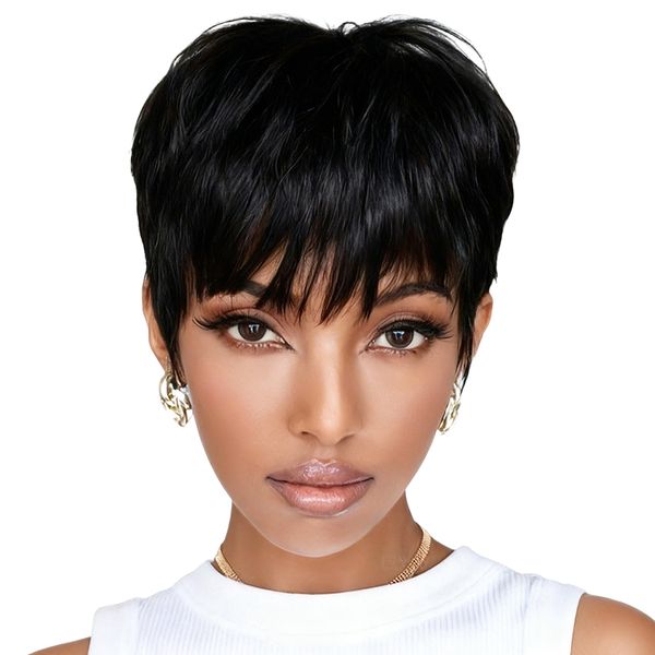 Glueless Pixie Wig - 100% Brazilian Virgin Human Hair-Black In