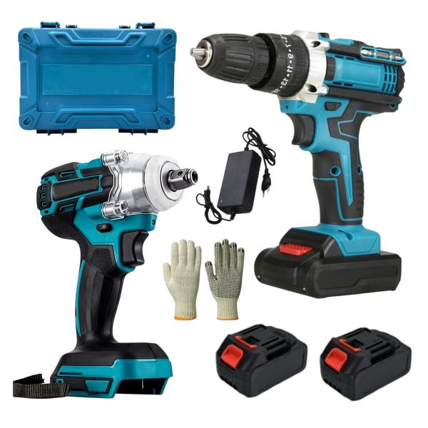 21V Cordless Impact Drill &amp; 500NM Impact Wrench Set - 2 PC Lithium Tool Kit