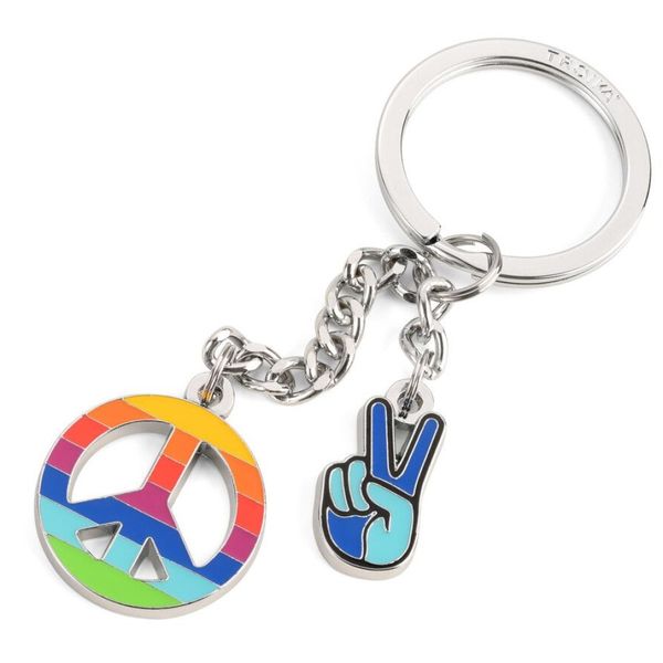 TROIKA Keyring with 2 Peace Charms: Peace Hand Sign &amp; Peace Symbol