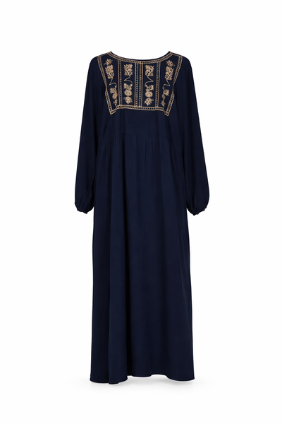 Navy Blue Viscose Cotton Full-Length Embroidered Dress