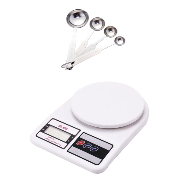 Electronic Kitchen Scale + 4 Piece Stainless Steel Measuring Spoons