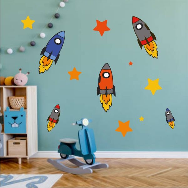 Rocketships With Yellow And Orange Stars Wall Art