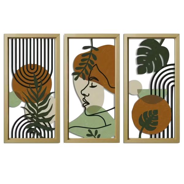 Decor Abstract Leaf &amp; Face Design Boho Style Wooden 2D Wall Art 3pcs 40cm