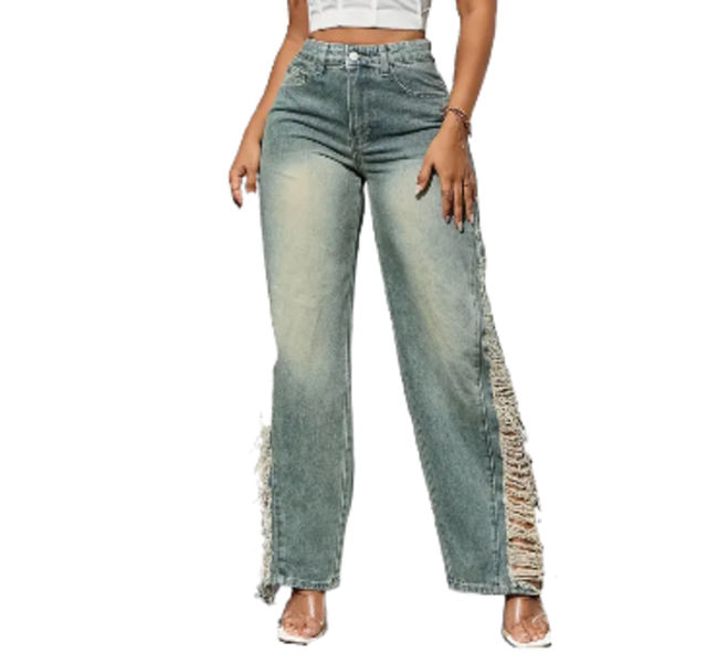 High-Waist Side Ripped Jeans, Straight Leg Style Regular Fit