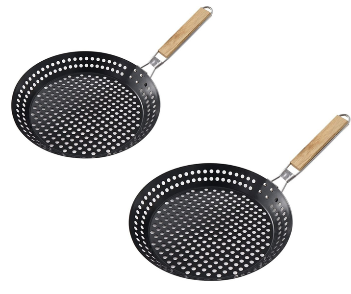 2 PACK Large StainlessSteel Round BBQ Grill Wok Pan wooden foldable handle
