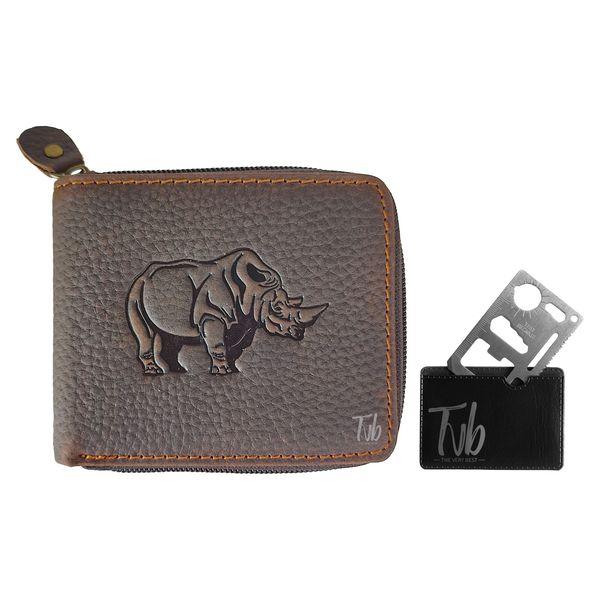 Tvb Men's Wallet Rhino Design Brown Leather Bi-Fold Zip