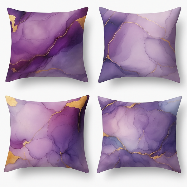 Set of 4 Purple Marble Pillow Covers - Luxury Abstract Design with Gold