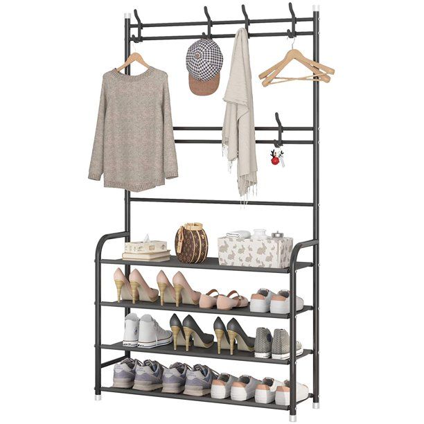 3-in-1 Multifunction 4 -Tier Coat & Shoe Shelf Rack Organizer With 8 Hooks