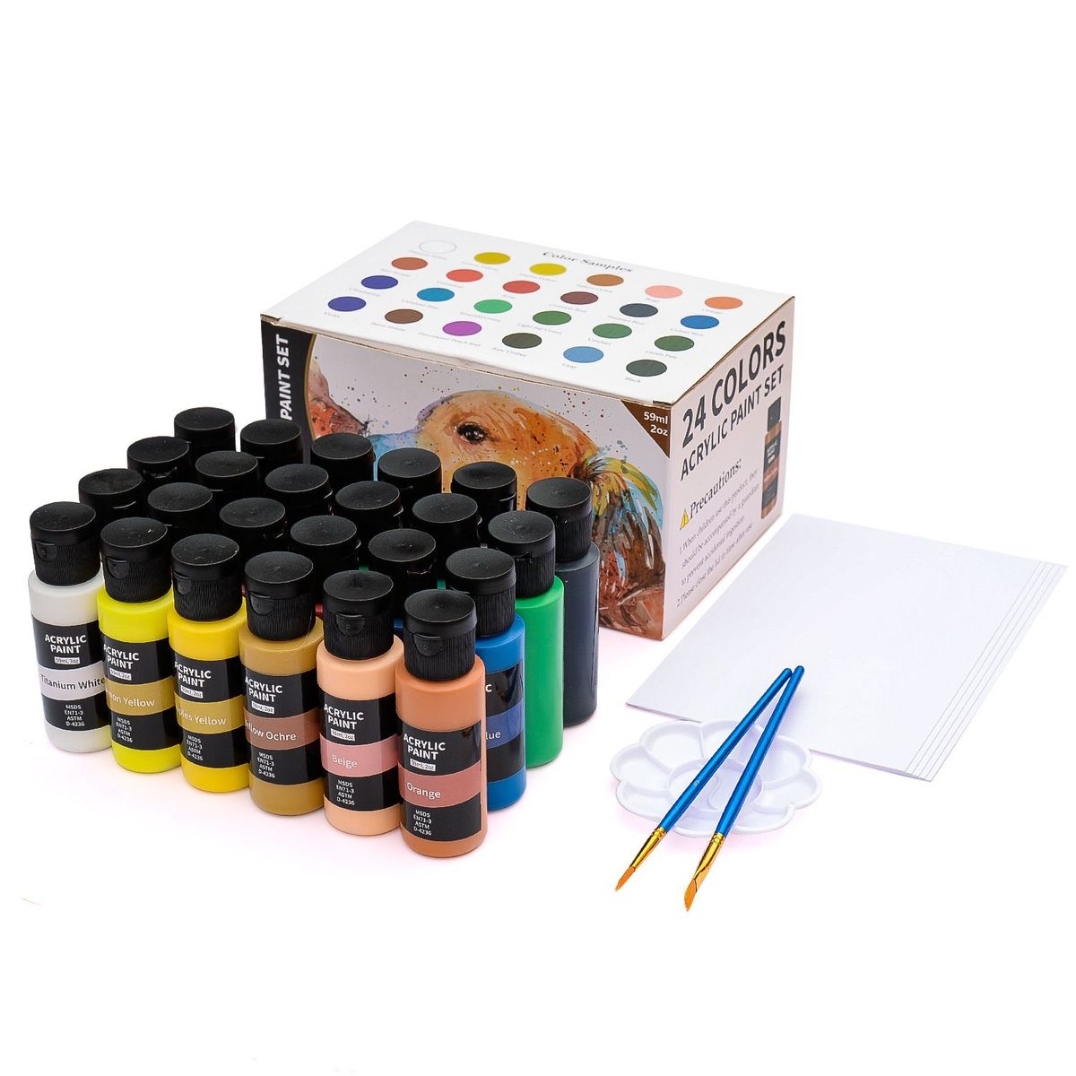 24 Colour Acrylic Paint Set with Brushes, Paint Palette & 400GSM Paper