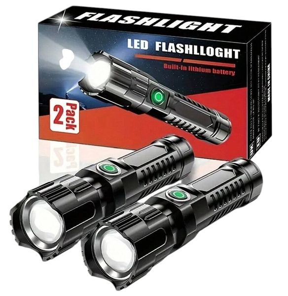 2 Piece - Super Bright Rechargeable LED Flashlight - Black