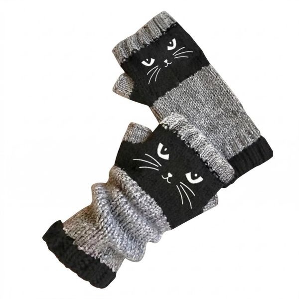 Women's Cat Pattern Knitted Fingerless Gloves - Winter Warm Mittens