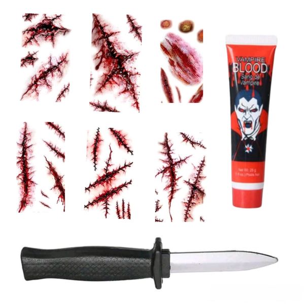 Pretend Play Horror Set - Fake Blood, Wound Tattoos &amp; Retractable Knife