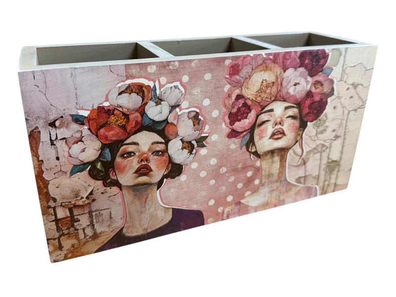 Cutlery/Stationery Holder - 2 Flower Ladies on Pink &amp; White Dots