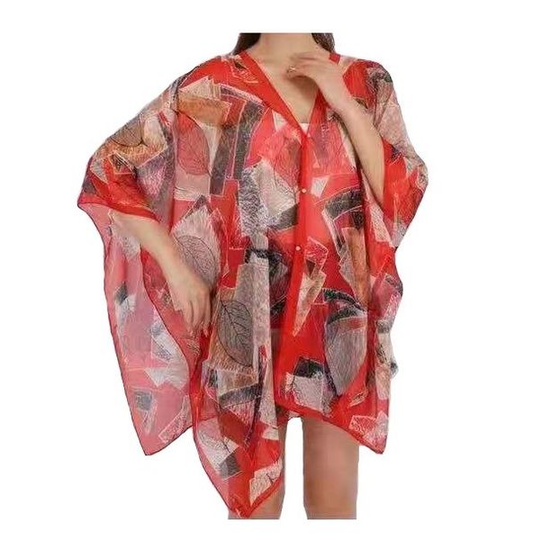 Ladies Kaftan Satin Silk Floral - Red/Multicolour