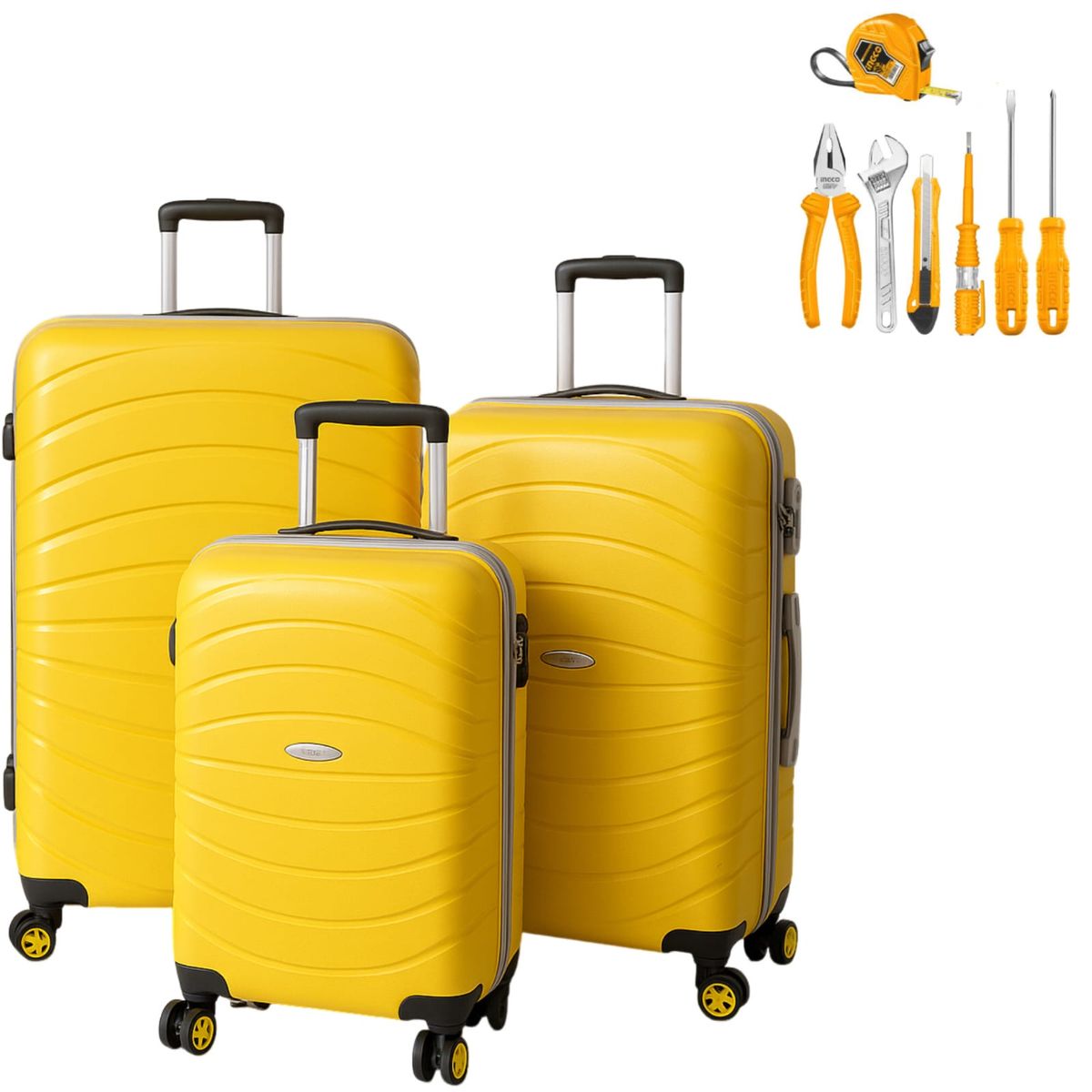 Suitcase, Luggage 3 Piece Set Yellow With Complimentary 7 Piece Tool Set