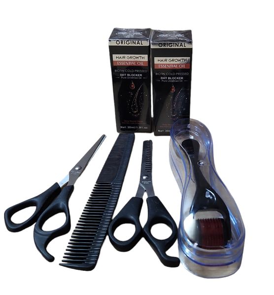 Biotin Cold Pressed DHT Blocker Oil, Comb, Scissors &amp; 0.75 mm Derma Roller